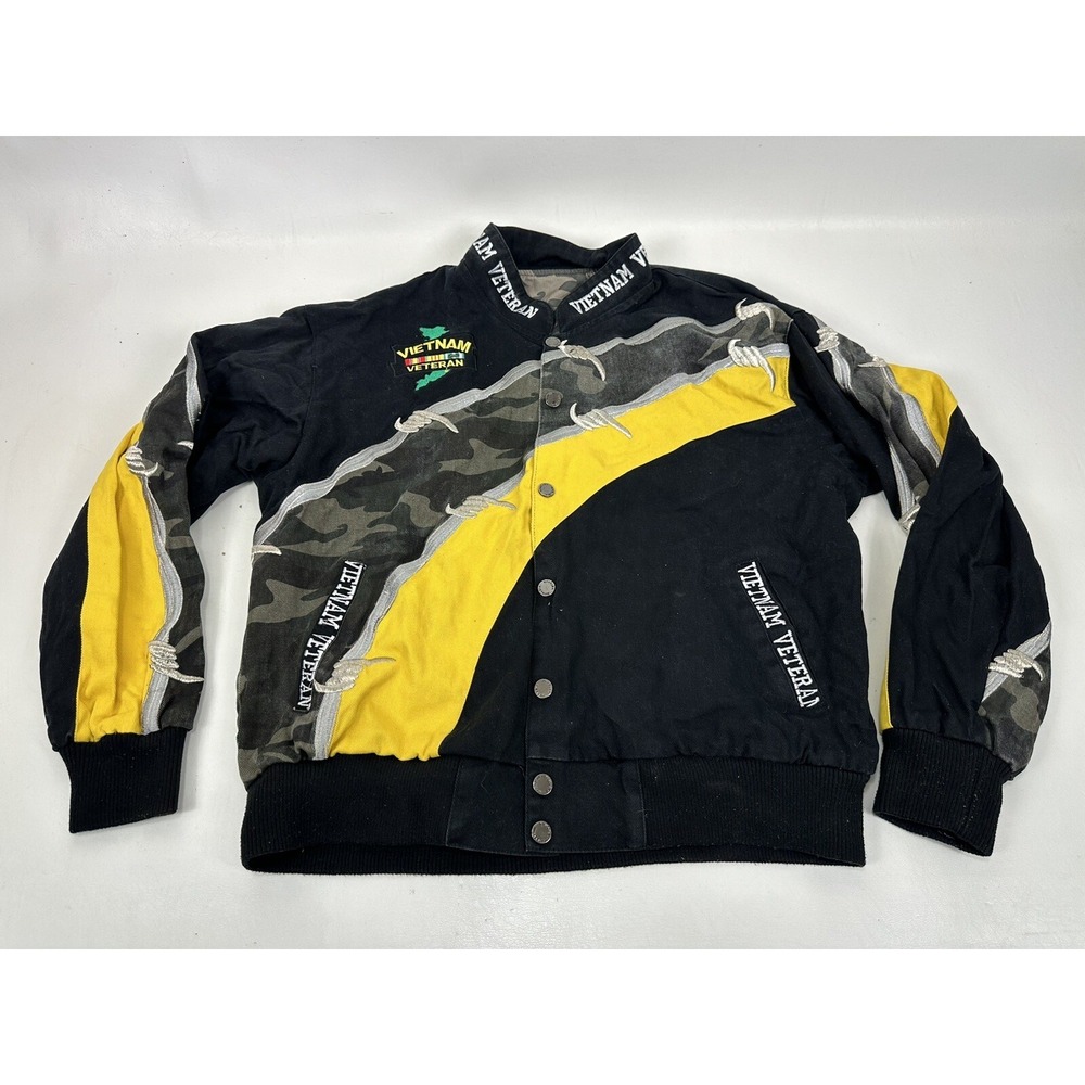 Vietnam War Veteran Reversible Racer Racing Jacket Men's L Camo Yellow Barb Wire
